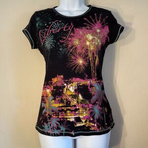 B.L.E.U. Liberty Jeweled Tee Black Fuchsia Graphic Cap Sleeve Size S